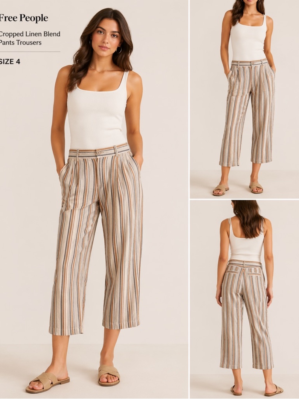 Free People Cropped Linen Blend Striped Pants Boho Wide Leg Trouser Neutral